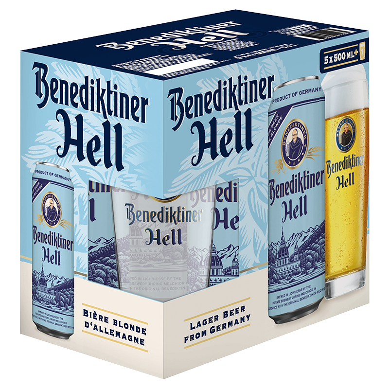 Benediktiner Hell Gift Pack - 5 x 500ml Cans + Official 300ml Glass
