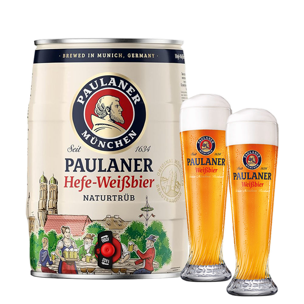 Paulaner Weissbier Mini Keg 5L with 2x Paulaner Wheat Beer 500ml Glass